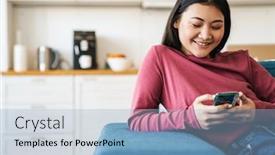  Presentation with mobile home - Amazing presentation theme having smiling-young-asian-woman-using backdrop and a light blue colored foreground