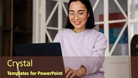  Presentation with eyeglasses - Slide deck enhanced with smiling-young-asian-woman background and a tawny brown colored foreground