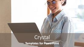  Presentation with laptop wireless - Beautiful slides featuring smiling-young-attractive-brunette-businesswoman backdrop and a violet colored foreground