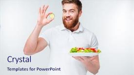  Presentation with white plate - PPT layouts consisting of smiling young bearded man holding plate with salad and showing okay gesture isolated on white background background and a sky blue colored foreground