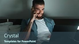  Presentation with mobile home - Colorful theme enhanced with smiling-young-bearded-man-laying backdrop and a ocean colored foreground