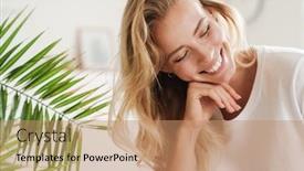  Presentation with living room - Cool new slide set with smiling-young-beautiful-blonde-woman backdrop and a coral colored foreground