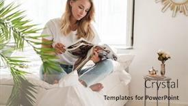  Presentation with living room - Audience pleasing presentation theme consisting of smiling-young-beautiful-woman-reading backdrop and a mint green colored foreground