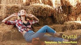  Presentation with cowgirl - Amazing presentation design having smiling young blonde cowgirl relaxing on a haystack at the barn listening to music with wireless headphones backdrop and a tawny brown colored foreground