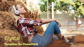  Presentation with cowgirl - Cool new PPT layouts with smiling young blonde cowgirl relaxing on a haystack at the barn listening to music with wireless headphones backdrop and a tawny brown colored foreground