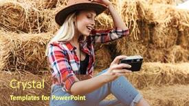  Presentation with cowgirl - Cool new slide deck with smiling young blonde cowgirl sitting on a haystack at the barn taking pictures with photo camera backdrop and a tawny brown colored foreground