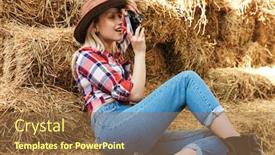  Presentation with cowgirl - PPT theme enhanced with smiling young blonde cowgirl sitting on a haystack at the barn taking pictures with photo camera background and a tawny brown colored foreground