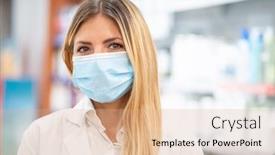  Presentation with covid coronavirus - Slide set consisting of smiling-young-blonde-pharmacist-wearing background and a coral colored foreground