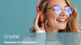  Presentation with blue music - Theme having smiling-young-blonde-woman background and a teal colored foreground