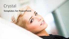  Presentation with eyes - Colorful PPT theme enhanced with smiling young blue eyes woman with short blonde hair outdoor city portrait backdrop and a white colored foreground