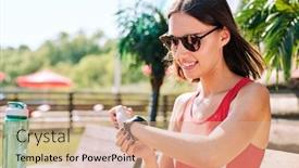  Presentation with female - Presentation design consisting of smiling-young-brunette-female background and a coral colored foreground