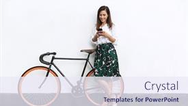  Presentation with outdoor clothes for hiking - Audience pleasing slide set consisting of smiling-young-brunette-woman-wearing backdrop and a sky blue colored foreground