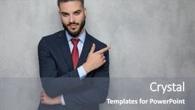  Presentation with finger - PPT layouts having smiling young businesman pointing finger background and a gray colored foreground