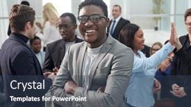  Presentation with young business man - Beautiful slide deck featuring smiling-young-business-man-standing backdrop and a ocean colored foreground