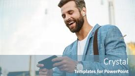  Presentation with mobile games - Colorful PPT theme enhanced with smiling-young-business-man-walking backdrop and a teal colored foreground