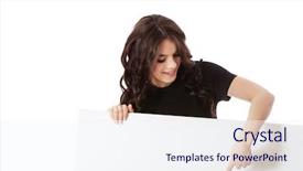  Presentation with signboard - Slide set featuring smiling young business woman holding blank signboard background and a sky blue colored foreground