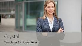  Presentation with woman business - Slide deck with smiling-young-business-woman-portrait background and a light gray colored foreground