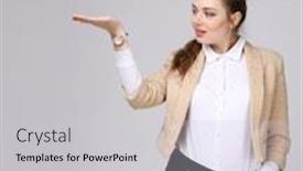  Presentation with area - PPT theme enhanced with smiling young business woman showing blank area background and a light gray colored foreground