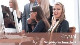  Presentation with desktop - Audience pleasing presentation theme consisting of smiling-young-business-woman-sitting backdrop and a coral colored foreground