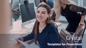  Presentation with woman office desk - Presentation design having smiling-young-business-woman-sitting background and a navy blue colored foreground