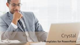  Presentation with laptop - PPT theme consisting of smiling-young-businessman-looking background and a coral colored foreground