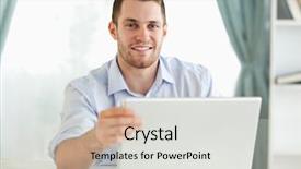  Presentation with social isolation - Slide deck consisting of smiling young businessman sitting behind background and a light gray colored foreground