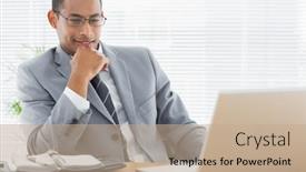  Presentation with laptop - PPT layouts enhanced with smiling-young-businessman-sitting background and a coral colored foreground