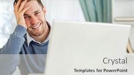  Presentation with social isolation - Cool new slides with smiling young businessman tired in his homeoffice working from home in quarantine lockdown social distancing self isolation backdrop and a white colored foreground