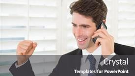  Presentation with phone - Amazing slide deck having smiling young businessman using mobile phone while clenching fist in office backdrop and a dark gray colored foreground