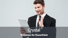  Presentation with video conference - Theme featuring smiling young businessman using tablet and making video conference over white background background and a dark gray colored foreground