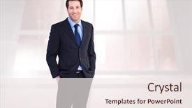  Presentation with windows - Cool new presentation theme with smiling young businessman with hands in pockets against bright white room with windows backdrop and a sky blue colored foreground