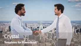  Presentation with new office - Presentation theme consisting of smiling young businessmen shaking hands in office against new york background and a gray colored foreground