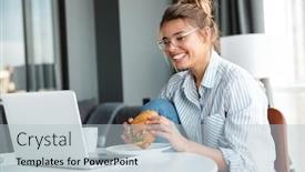  Presentation with lunch - Amazing slides having smiling-young-businesswoman-having-lunch backdrop and a light blue colored foreground