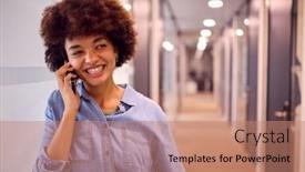  Presentation with modern - Theme featuring smiling-young-businesswoman-in-corridor background and a coral colored foreground