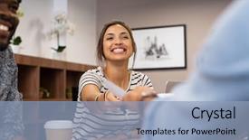  Presentation with executive - PPT theme featuring smiling young businesswoman passing folder background and a light blue colored foreground