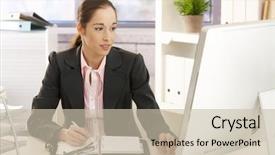  Presentation with taking notes - Audience pleasing presentation theme consisting of smiling-young-businesswoman-sitting backdrop and a soft green colored foreground