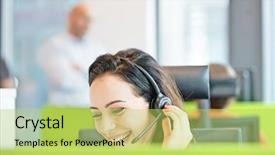  Presentation with medical procedure simulation using plasma - Theme featuring smiling young businesswoman using headset background and a yellow colored foreground