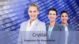  Presentation with shares - Colorful PPT theme enhanced with smiling young businesswomen in a line against stocks and shares backdrop and a light blue colored foreground