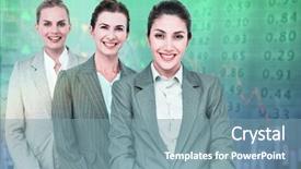 Presentation with shares - Presentation design with smiling young businesswomen in a line against stocks and shares background and a seafoam green colored foreground