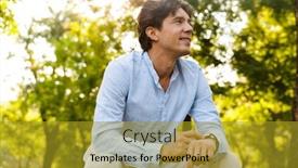  Presentation with smart city - PPT layouts enhanced with smiling young casual man adjusting his smart watch while sitting at the city park background and a gold colored foreground