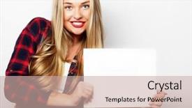  Presentation with signboard - Amazing presentation design having smiling young casual style woman showing blank signboard backdrop and a soft green colored foreground