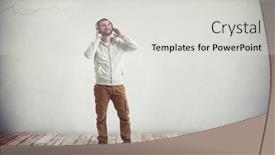  Presentation with headphones - Presentation theme having smiling-young-caucasian-bearded-man background and a light gray colored foreground