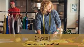  Presentation with business office desk - Slide deck having smiling-young-caucasian-fashion-designer background and a  colored foreground