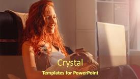  Presentation with wireless internet - PPT theme consisting of smiling-young-caucasian-woman-sit background and a tawny brown colored foreground