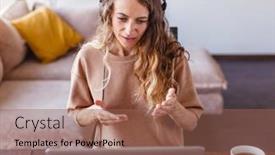  Presentation with video training - Presentation design featuring smiling-young-caucasian-woman background and a violet colored foreground