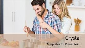  Presentation with cooking - PPT theme featuring smiling young couple cooking food background and a coral colored foreground