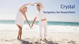  Presentation with shape heart - Colorful presentation design enhanced with smiling young couple doing heart shape on the beach backdrop and a sky blue colored foreground