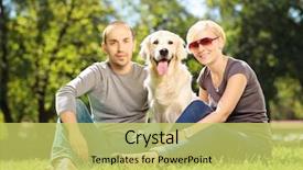  Presentation with dog park - PPT layouts featuring smiling young couple hugging a labrador retreiver dog in a park background and a yellow colored foreground