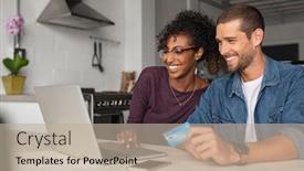  Presentation with ecommerce - Colorful PPT theme enhanced with smiling young couple making shopping online with credit card and laptop at home happy multiethnic couple holding debit card while buying on ecommerce site using laptop backdrop and a mint green colored foreground