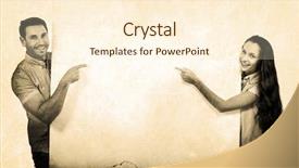  Presentation with white sheet - Theme featuring smiling young couple pointing on white sheet against grey background background and a cream colored foreground